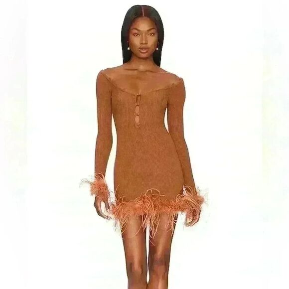 Lovers and Friends Jalen Feather Mini Dress in Cocoa - Picture 2 of 5